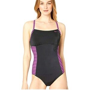 Nike Laser Stripe CrossBack One Piece Swimsuit One Piece Black & Purple Size M